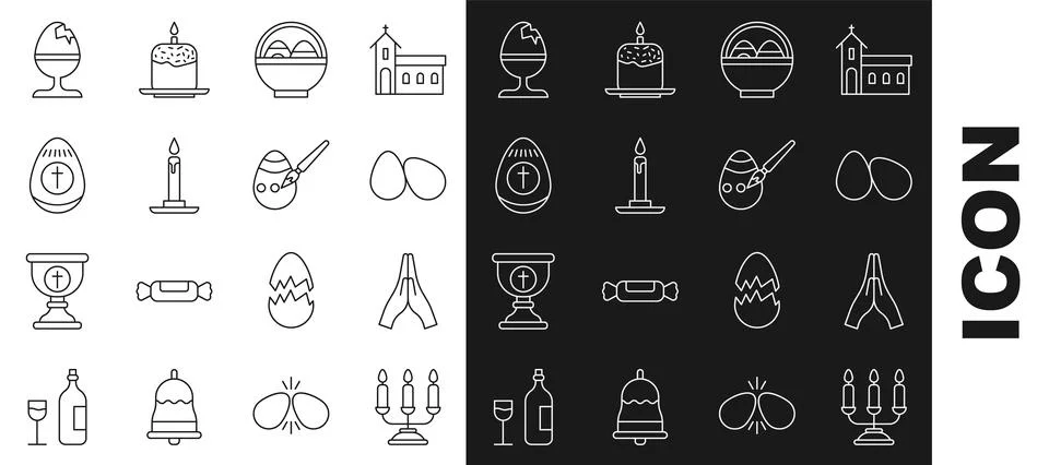 Set line Candelabrum with candlesticks, Hands in praying position, Easter eggs Illustrazione stock