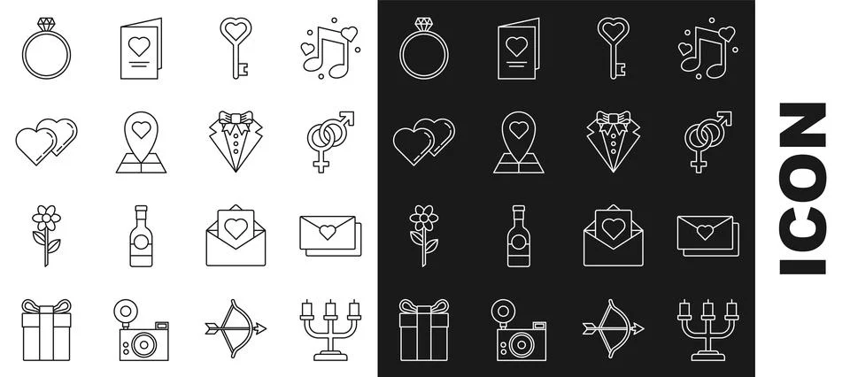 Set line Candlestick, Envelope with Valentine heart, Gender, Key shape, Map.. Stock Illustration
