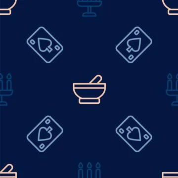 Set line Candlestick, Playing cards and Witch cauldron on seamless pattern Illustrazione stock