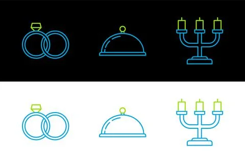 Set line Candlestick, Wedding rings and Covered with tray of food icon. Vecto Ilustração Stock