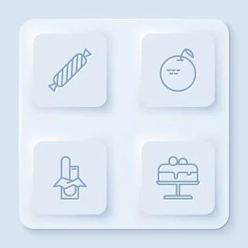 Set line Candy, Apple, Chocolate bar and Cake on plate. White square button Stock Illustration