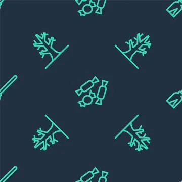 Set line Candy, Bare tree and Handle broom on seamless pattern. Vector Illustrazione stock