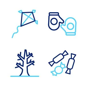 Set line Candy, Bare tree, Christmas mitten and Kite icon. Vector Illustrazione stock
