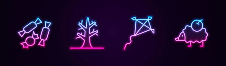 Set line Candy, Bare tree, Kite and Hedgehog. Glowing neon icon. Vector イラスト素材