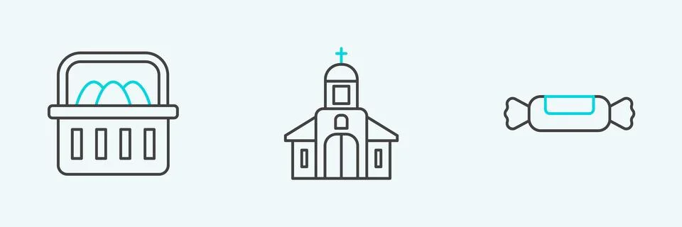 Set line Candy, Basket with easter eggs and Church building icon. Vector 스톡 일러스트