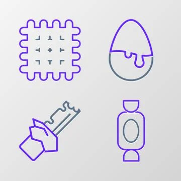 Set line Candy, Bitten chocolate bar, Chocolate egg and Cracker biscuit icon Stock Illustration