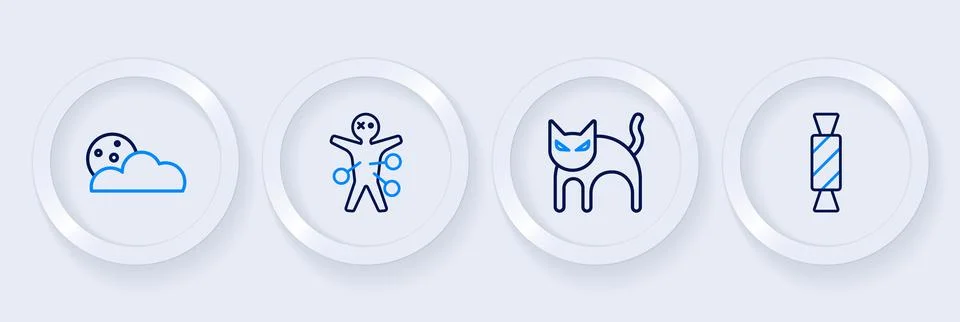 Set line Candy, Black cat, Voodoo doll and Moon stars icon. Vector Stock Illustration