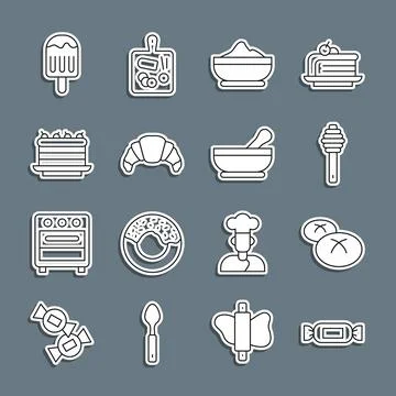 Set line Candy, Bread loaf, Honey dipper stick, Flour bowl, Croissant, Cake.. Stock Illustration