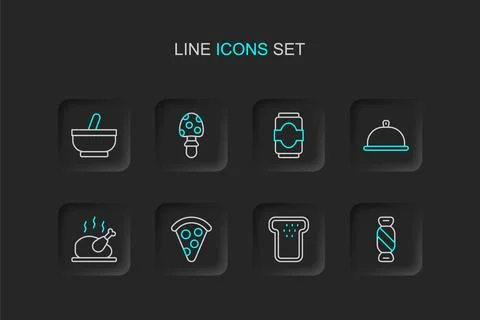 Set line Candy, Bread toast, Slice of pizza, Roasted turkey or chicken, Cov.. Stock Illustration