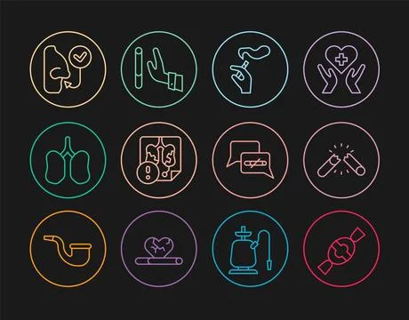 Set line Candy, Broken cigarette, Hand with smoking, Disease lungs, Lungs, .. Stock Illustration