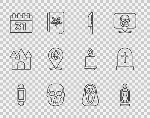 Set line Candy, Camping lantern, Knife, Skull, Calendar with Halloween, Pumpkin Stock Illustration