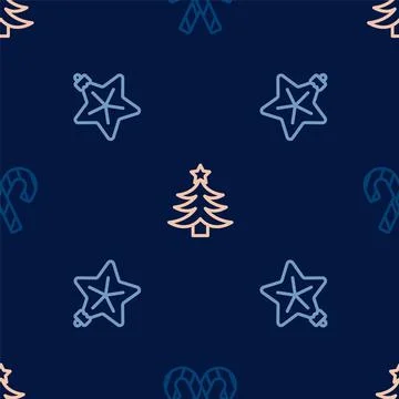 Set line Candy cane with stripes, Christmas star and tree on seamless pattern Stock Illustration