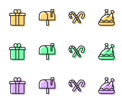 Set line Candy cane with stripes, Gift box, Mail and Roasted turkey or chicken Illustration