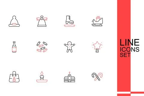 Set line Candy cane with stripes, Church building, Burning candle, Christma.. Ilustración de archivo