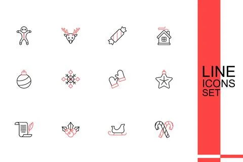 Set line Candy cane with stripes, Christmas santa claus sleigh, Branch vibu.. Stock Illustration