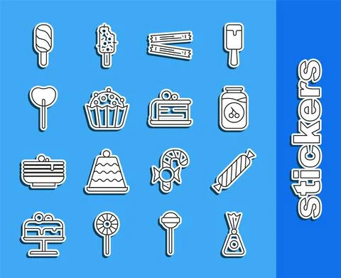 Set line Candy, Cherry jam jar, Sugar stick packets, Cupcake, Lollipop, Ice Stock Illustration