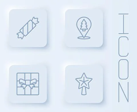 Set line Candy, Christmas tree, Gift box and star. White square button. Vector Stock Illustration