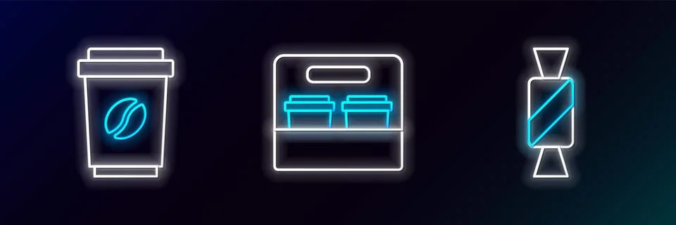 Set line Candy, Coffee cup to go and icon. Glowing neon. Vector Stock Illustration