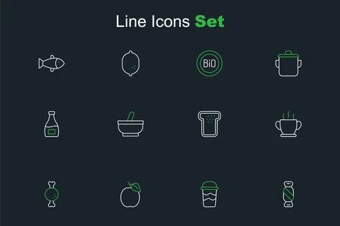 Set line Candy, Coffee cup to go, Plum fruit, Chicken leg, Bowl hot soup, B.. Stock Illustration