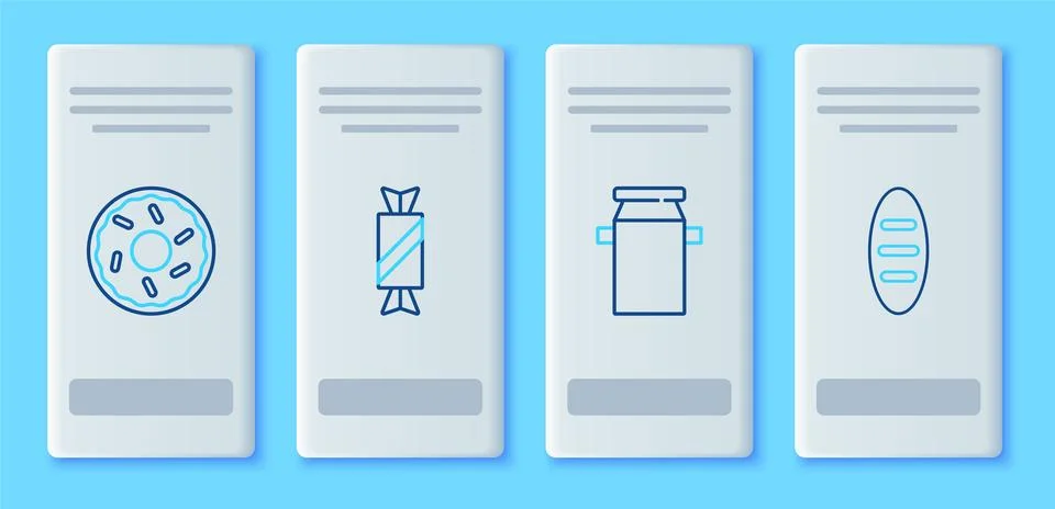 Set line Candy, container for milk, Donut and Bread loaf icon. Vector Stock Illustration