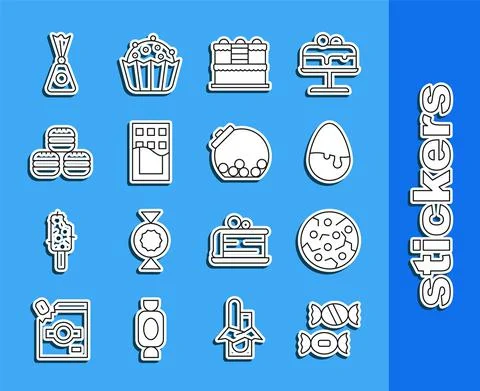 Set line Candy, Cookie or biscuit, Chocolate egg, Cake, bar, Macaron cookie, and Illustrazione stock