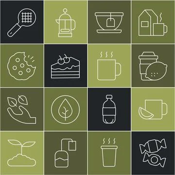 Set line Candy, Cup of tea with lemon, bag, Piece cake, Cookie or biscuit, Te Illustration