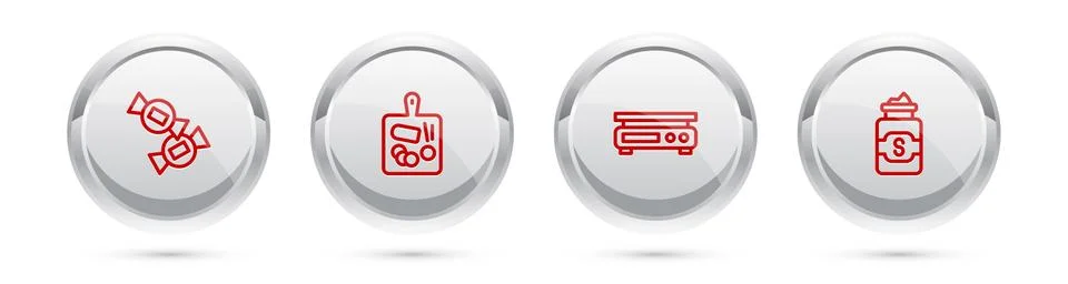 Set line Candy, Cutting board, Electronic scales and Jar of sugar. Silver circle Stock Illustration