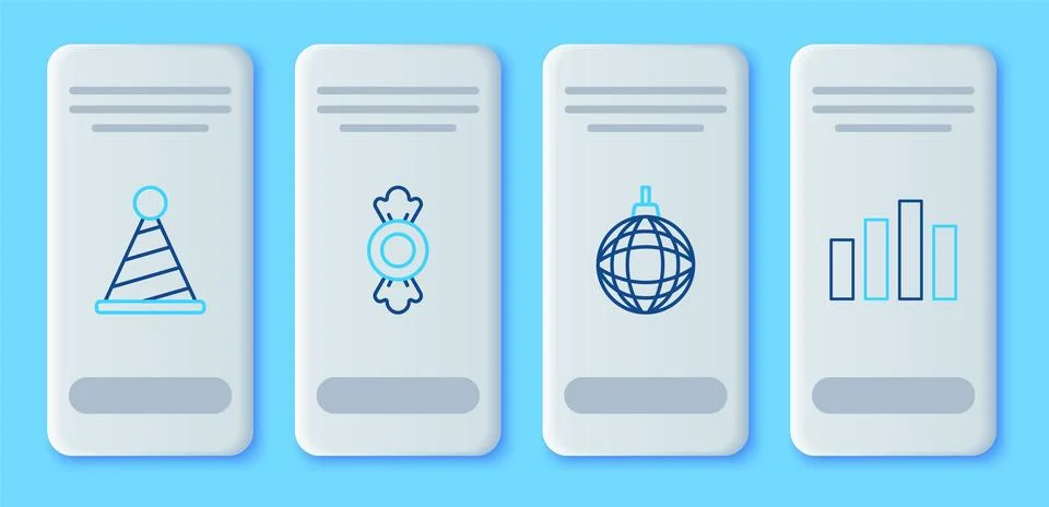 Set line Candy, Disco ball, Party hat and Music equalizer icon. Vector Stock Illustration