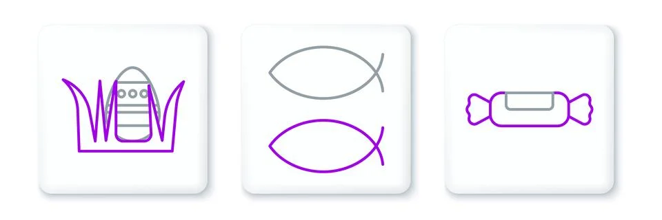 Set line Candy, Easter egg and Christian fish icon. Vector Illustrazione stock