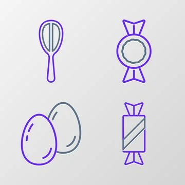 Set line Candy, Easter eggs,  and Kitchen whisk icon. Vector Stock Illustration