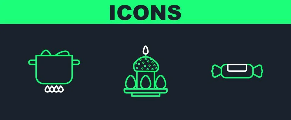 Set line Candy, Egg in hot pot and Easter cake eggs icon. Vector Illustrazione stock