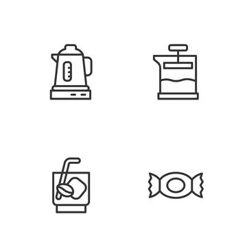 Set line Candy, Espresso tonic coffee, Electric kettle and French icon. Vector Stock Illustration