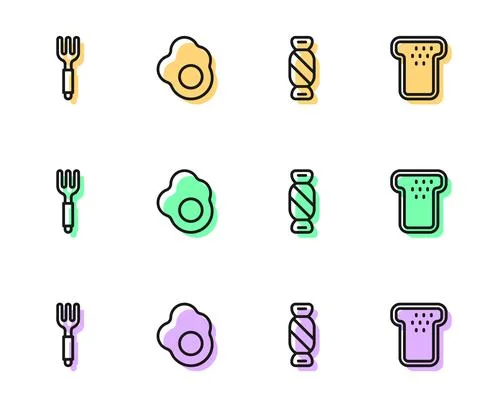 Set line Candy, Fork, Scrambled egg and Bread toast icon. Vector Stock Illustration