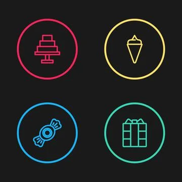 Set line Candy, Gift box, Ice cream in waffle cone and Cake icon. Vector Illustrazione stock