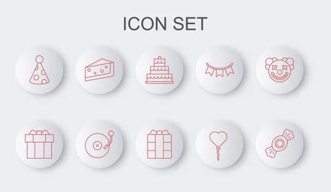 Set line Candy, Gift box, Cake with burning candles, Balloons form of heart Stock Illustration