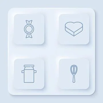 Set line Candy, in heart shaped box, container for milk and Kitchen whisk. White Stock Illustration