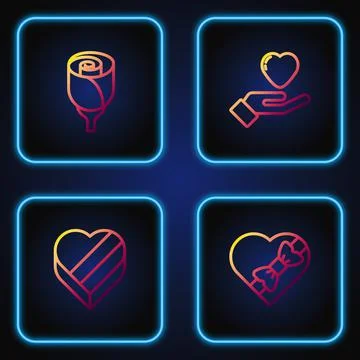 Set line Candy in heart shaped box, , Flower rose and Heart hand. Gradient color Ilustração Stock