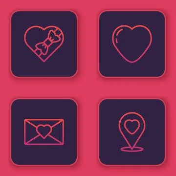 Set line Candy in heart shaped box, Envelope with Valentine, Heart and Location 스톡 일러스트