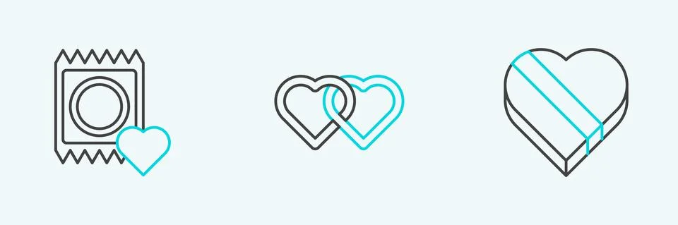 Set line Candy in heart shaped box, Condom package and Two Linked Hearts icon Stock-Illustration