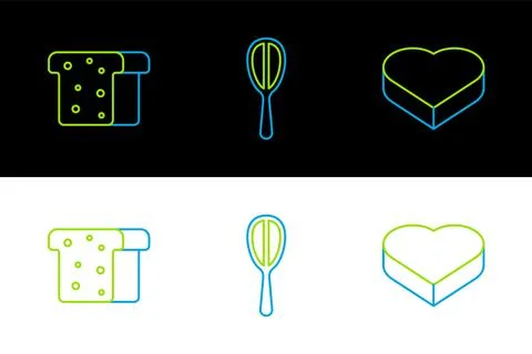 Set line Candy in heart shaped box, Bread toast and Kitchen whisk icon. Vecto Stock Illustration