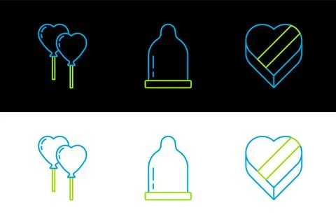 Set line Candy in heart shaped box, Balloons form of and Condom icon. Vector Stock-Illustration