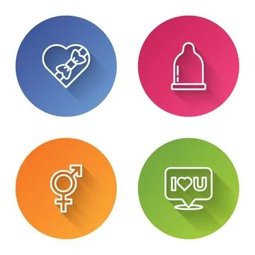 Set line Candy in heart shaped box, Condom, Gender and Speech bubble with I love Stock-Illustration