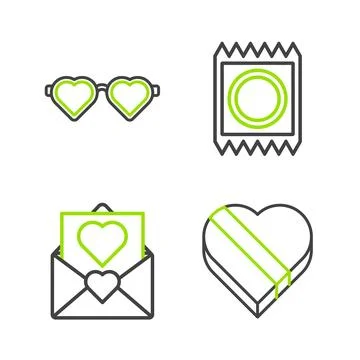 Set line Candy in heart shaped box Envelope with Valentine Condom package and Stock-Illustration