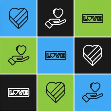 Set line Candy in heart shaped box, Love text and Heart hand icon. Vector Stock Illustration
