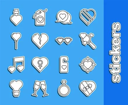 Set line Candy in heart shaped box, Heart the center of darts target aim, S.. Stock Illustration