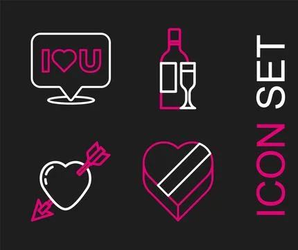 Set line Candy in heart shaped box, Amour with arrow, Champagne bottle and .. Stock Illustration