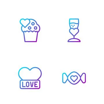 Set line Candy, Heart, Wedding cake and Glass of champagne. Gradient color ic Ilustração Stock