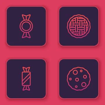 Set line Candy, , Homemade pie and Cookie or biscuit. Blue square button. Vector Illustrazione stock