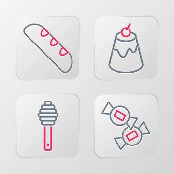 Set line Candy, Honey dipper stick, Pudding custard and French baguette bre.. Illustrazione stock
