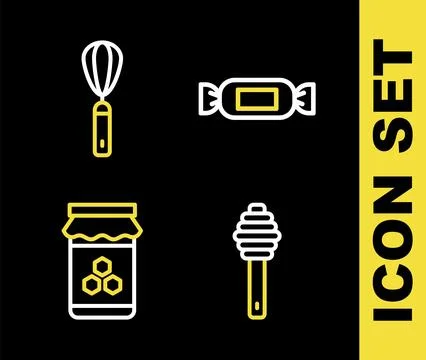 Set line Candy, Honey dipper stick, Jar of honey and Kitchen whisk icon. Vect Stock Illustration